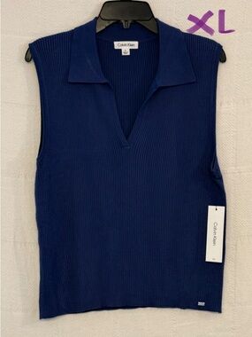 Calvin Klein Navy Ribbed Sleeveless Polo Top